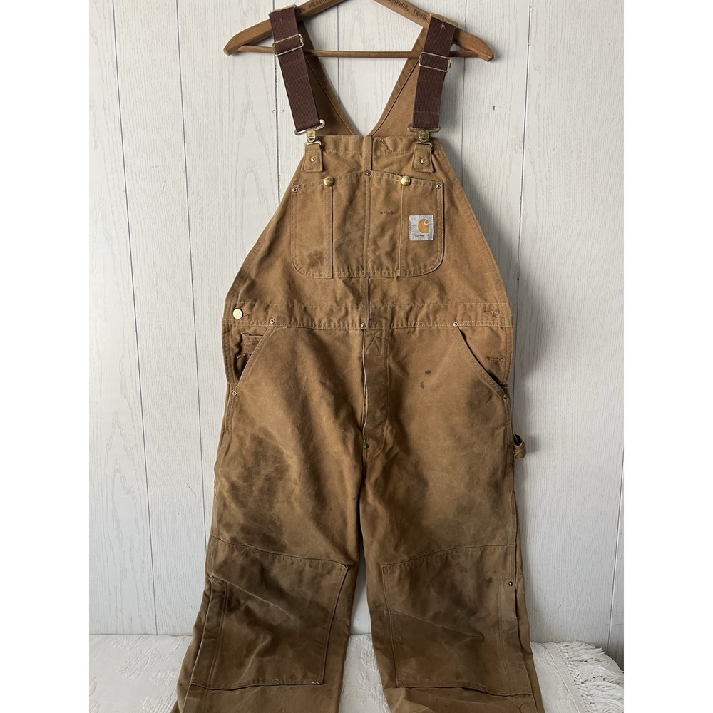 Carhartt Mens Canvas Overalls Relaxed Fit 36x29 Double Knee Snap Zip Brown Work
